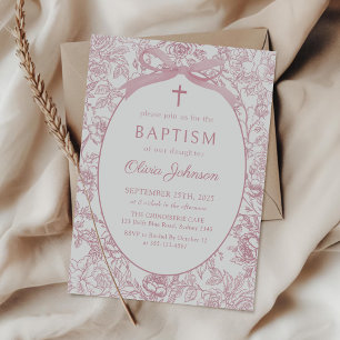 Pink Bow Floral Chinoiserie Baptism Invitation