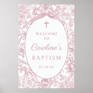 Pink Bow Floral Chinoiserie Baptism Welcome Sign