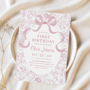 Pink Bow Floral Chinoiserie Toile Birthday Invitation