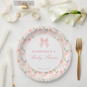 Pink Bow Floral Coquette Gingham Girl Baby Shower Paper Plate
