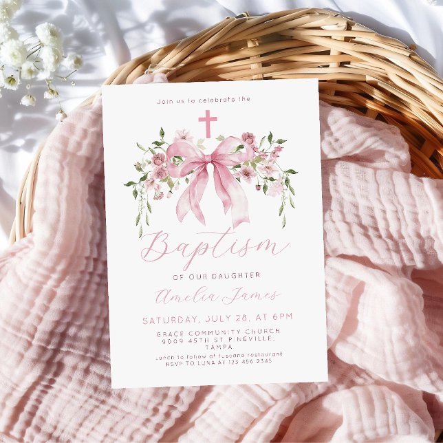 Pink Bow Floral Coquette Girl Baptism  Invitation (Creator Uploaded)