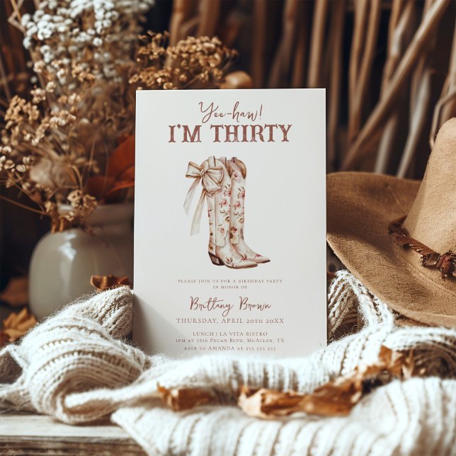 Pink Bow Floral Cowboy Boots Western 30th Birthday Invitation (Creator Uploaded)