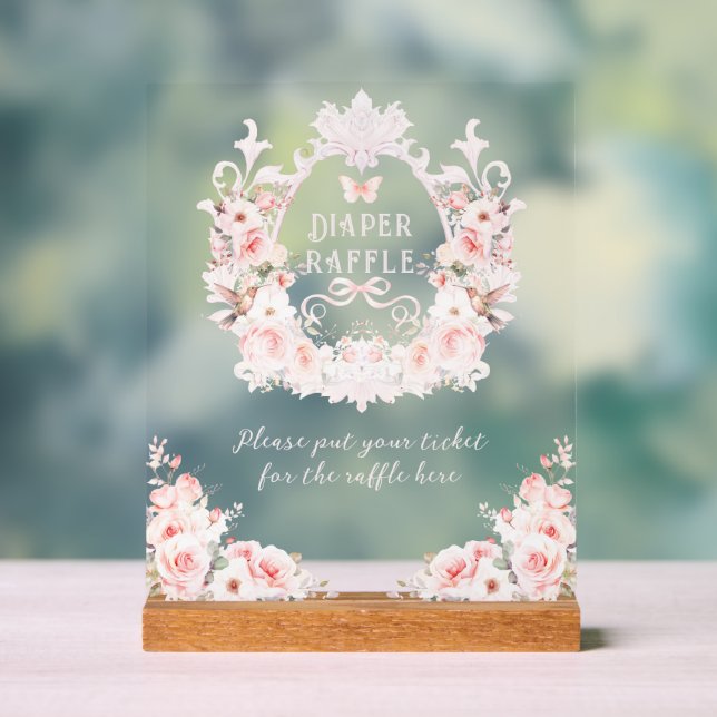 Pink Bow Floral Crest Baby Girl Shower Diaper Acrylic Sign (Neutral)