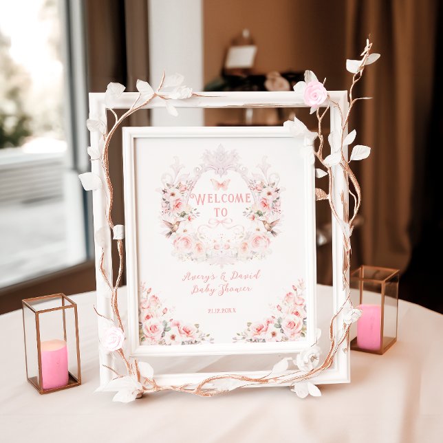 Pink Bow Floral Crest Baby Girl Shower  Poster (Creator Uploaded)