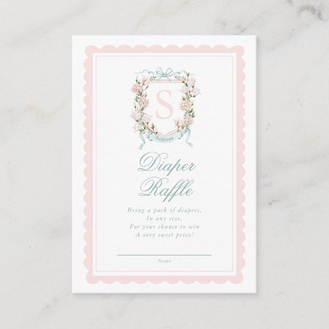 Pink Bow Floral Crest Diaper Raffle Ticket Enclosure Card (Front)