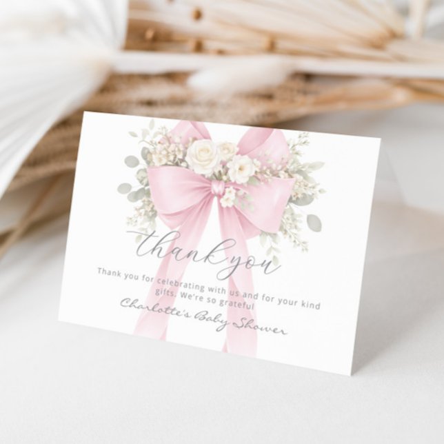 Pink Bow Floral Eucalyptus Baby Shower Thank You Card (Creator Uploaded)