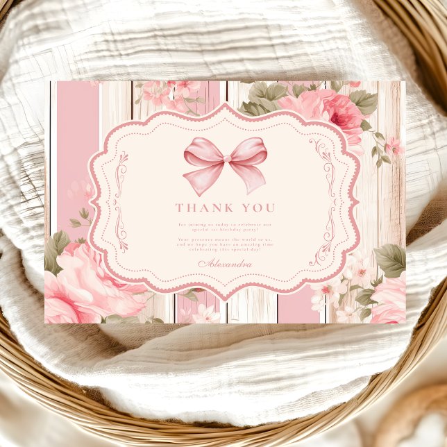 Pink Bow Floral Fancy ONE Girl 1st Birthday  Thank You Card (Creator Uploaded)