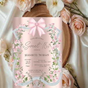 Pink Bow Floral Frame Rose Gold Sweet 16  Invitation