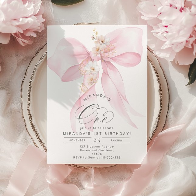 Pink Bow Floral Girl 1st BIrthday party Invitation (Creator Uploaded)