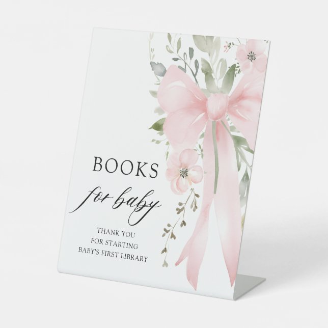 Pink Bow Floral Girl Baby Shower Books for Baby Pedestal Sign (Front)
