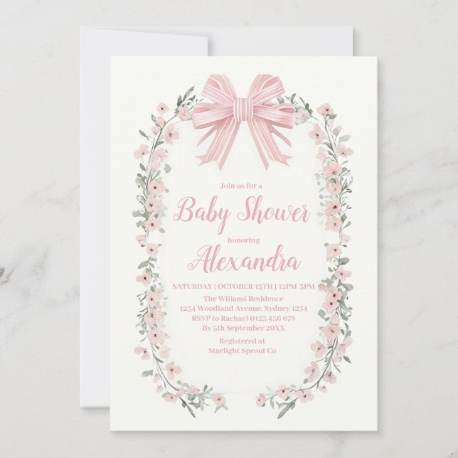 Pink Bow Floral Girl Baby Shower Invitation (Front)