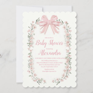 Pink Bow Floral Girl Baby Shower Invitation
