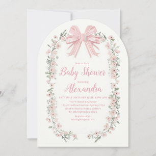 Pink Bow Floral Girl Baby Shower Invitation