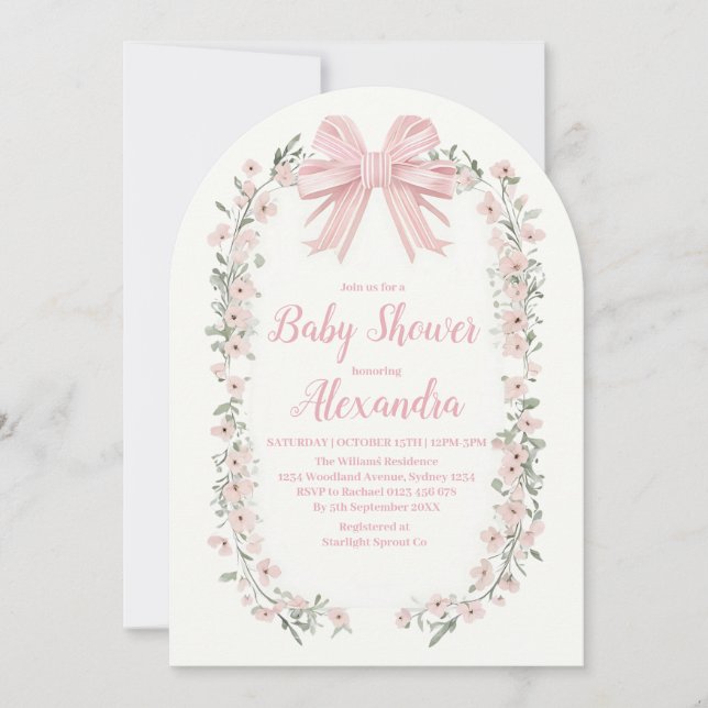 Pink Bow Floral Girl Baby Shower Invitation (Front)