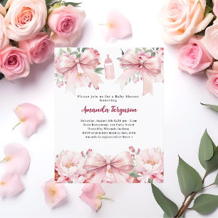 Pink bow floral girl bottle Baby Shower invitation