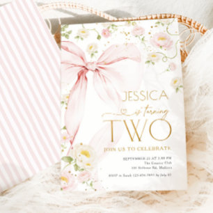 Pink Bow Floral Girls 2nd Birthday Invitation