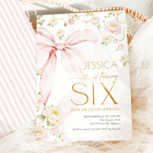 Pink Bow Floral Girls 6th Birthday Invitation