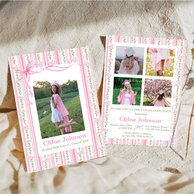 Pink Bow Floral Graduation Invitation (Creator Uploaded)