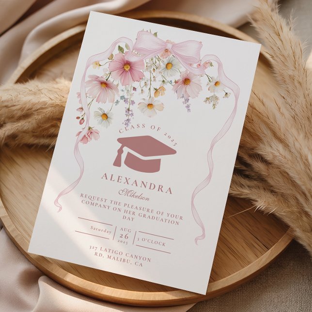 Pink Bow Floral Graduation Invitation (Creator Uploaded)