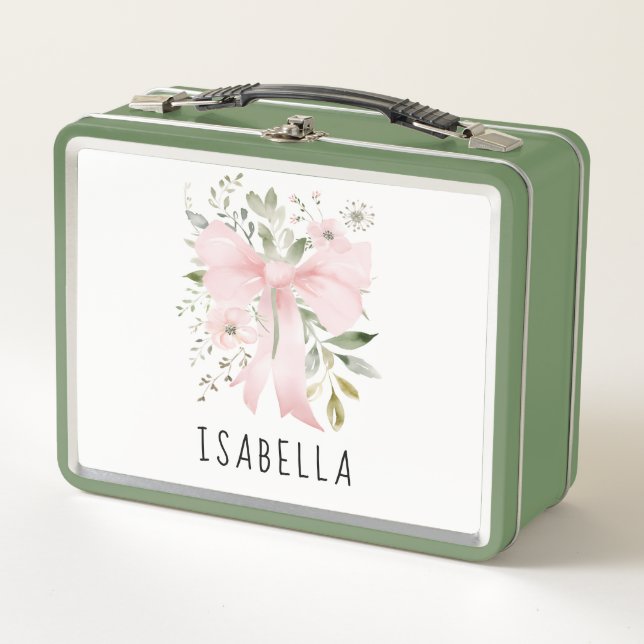 Pink Bow Floral Greenery Coquette Personalised Metal Lunch Box (Front)