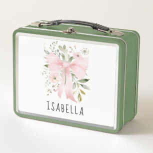 Pink Bow Floral Greenery Coquette Personalized Metal Lunch Box