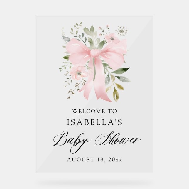 Pink Bow Floral Greenery Girl Baby Shower Welcome Acrylic Sign (Front)