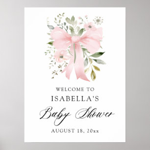 Pink Bow Floral Greenery Girl Baby Shower Welcome Poster