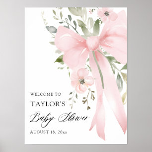 Pink Bow Floral Greenery Girl Baby Shower Welcome Poster