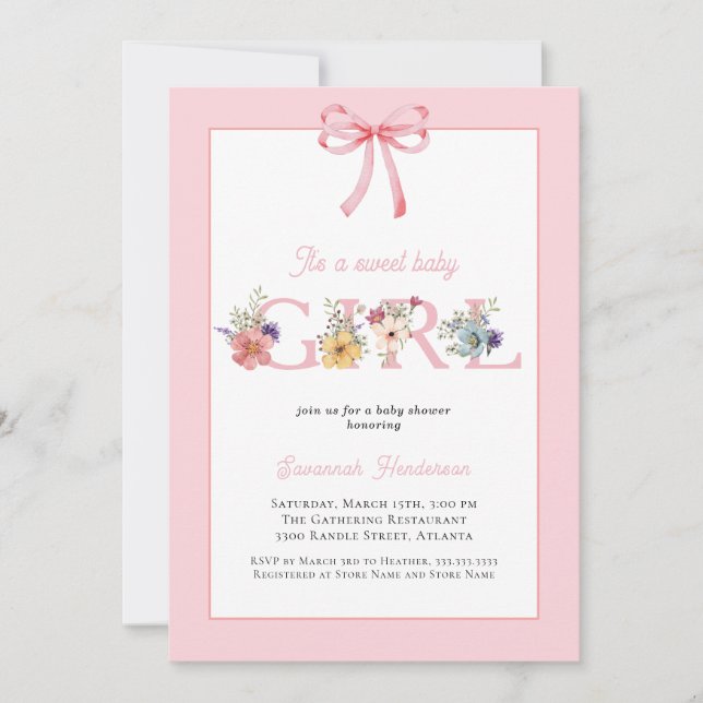 Pink Bow Floral It's a Girl Baby Shower Invitation (Front)