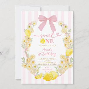Pink Bow Floral Lemon Sweet One 1st Birthday Invi Invitation