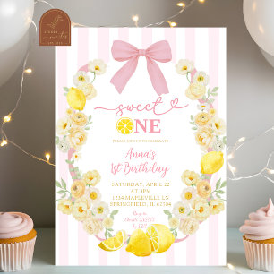  Pink Bow Floral Lemon Sweet One 1st Birthday Invitation