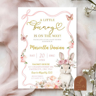 Pink Bow Floral Little Bunny Baby Shower Invitation