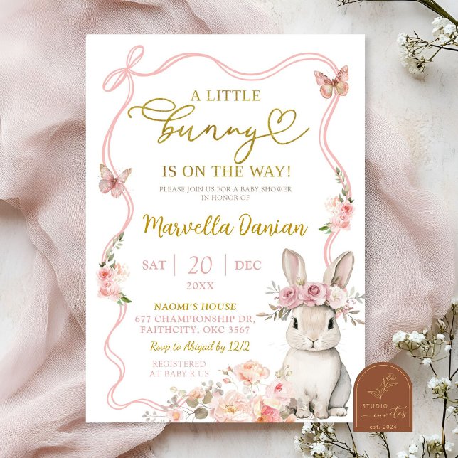 Pink Bow Floral Little Bunny Baby Shower Invitation (Creator Uploaded)