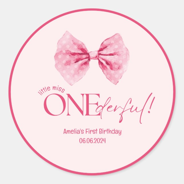 Pink Bow floral little miss Onederful 1st birthday Classic Round Sticker (Front)