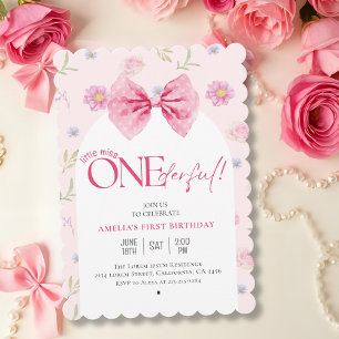 Pink Bow floral little miss Onederful 1st birthday Invitation