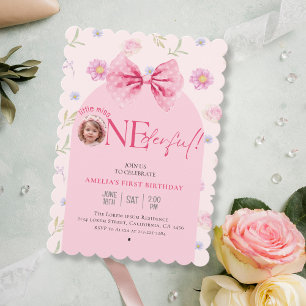 Pink Bow floral little miss Onederful 1st birthday Invitation