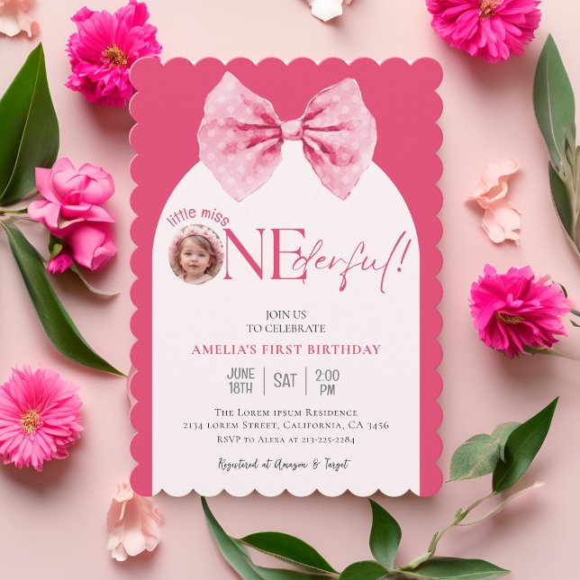 Pink Bow floral little miss Onederful 1st birthday Invitation (Creator Uploaded)