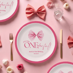 Pink Bow floral little miss Onederful 1st birthday Paper Plate