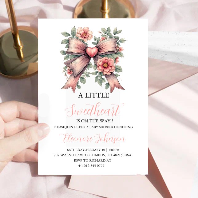 Pink Bow & Floral Little Sweetheart Baby Shower  Invitation (Creator Uploaded)
