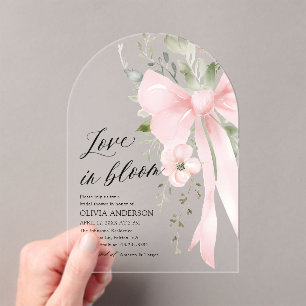 Pink Bow Floral Love in Bloom Arch Bridal Shower Acrylic Invitations