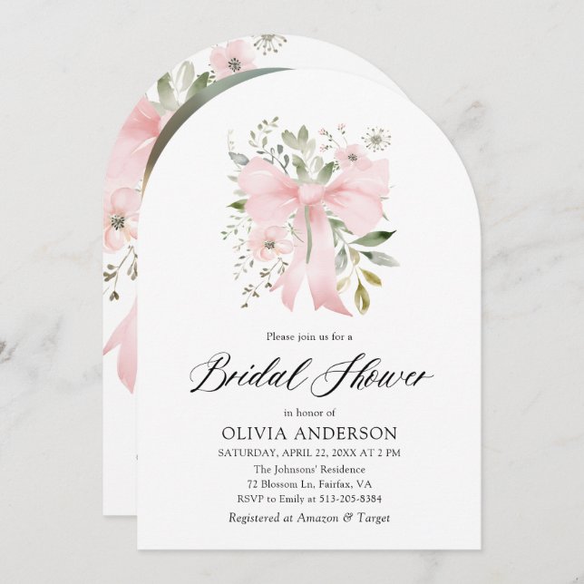 Pink Bow Floral Love in Bloom Arch Bridal Shower Invitation (Front/Back)