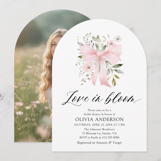 Pink Bow Floral Love in Bloom Arch Bridal Shower Invitation (Front/Back)