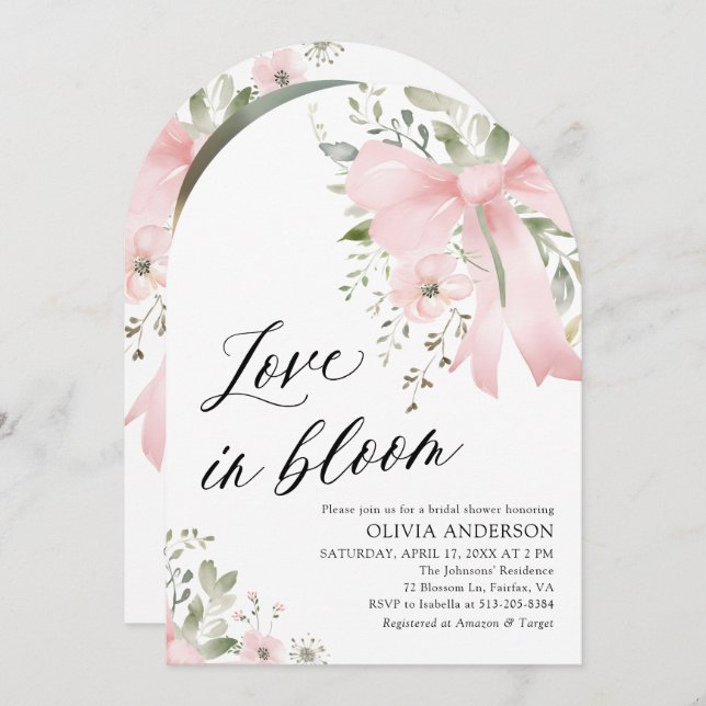 Pink Bow Floral Love in Bloom Arch Bridal Shower Invitation (Front/Back)