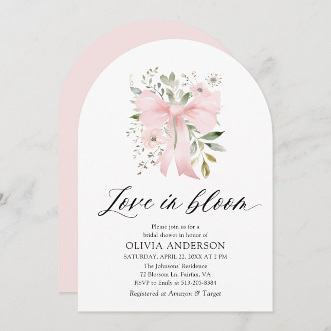 Pink Bow Floral Love in Bloom Arch Bridal Shower Invitation (Front/Back)