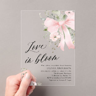 Pink Bow Floral Love in Bloom Bridal Shower Acrylic Invitations