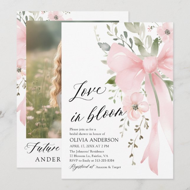 Pink Bow Floral Love in Bloom Bridal Shower Invitation (Front/Back)