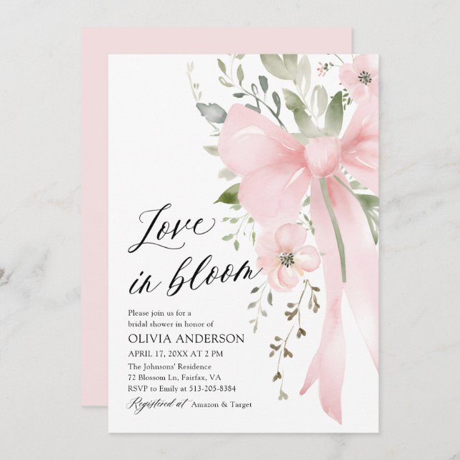 Pink Bow Floral Love in Bloom Bridal Shower Invitation (Front/Back)