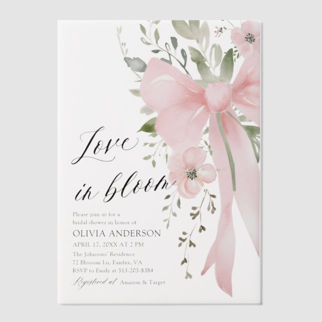 Pink Bow Floral Love in Bloom Bridal Shower Vellum Invitations (Front)