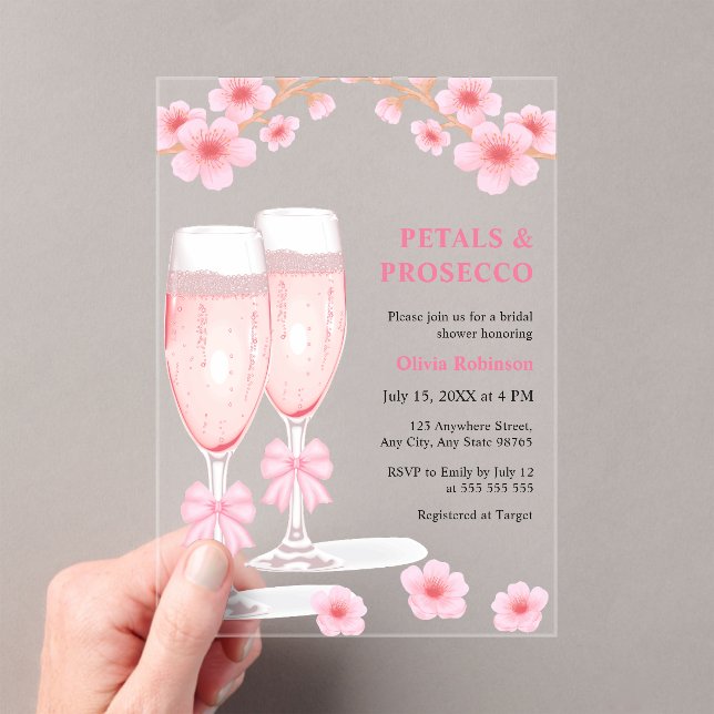 Pink Bow Floral Petals and Prosecco Bridal Shower  Acrylic Invitations (Insitu (Handheld))