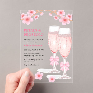Pink Bow Floral Petals and Prosecco Bridal Shower  Acrylic Invitations